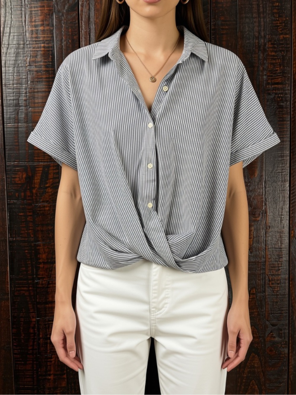 BCBGeneration Striped Twist-Front Button Down Shirt Sleeve Shirt  XS
